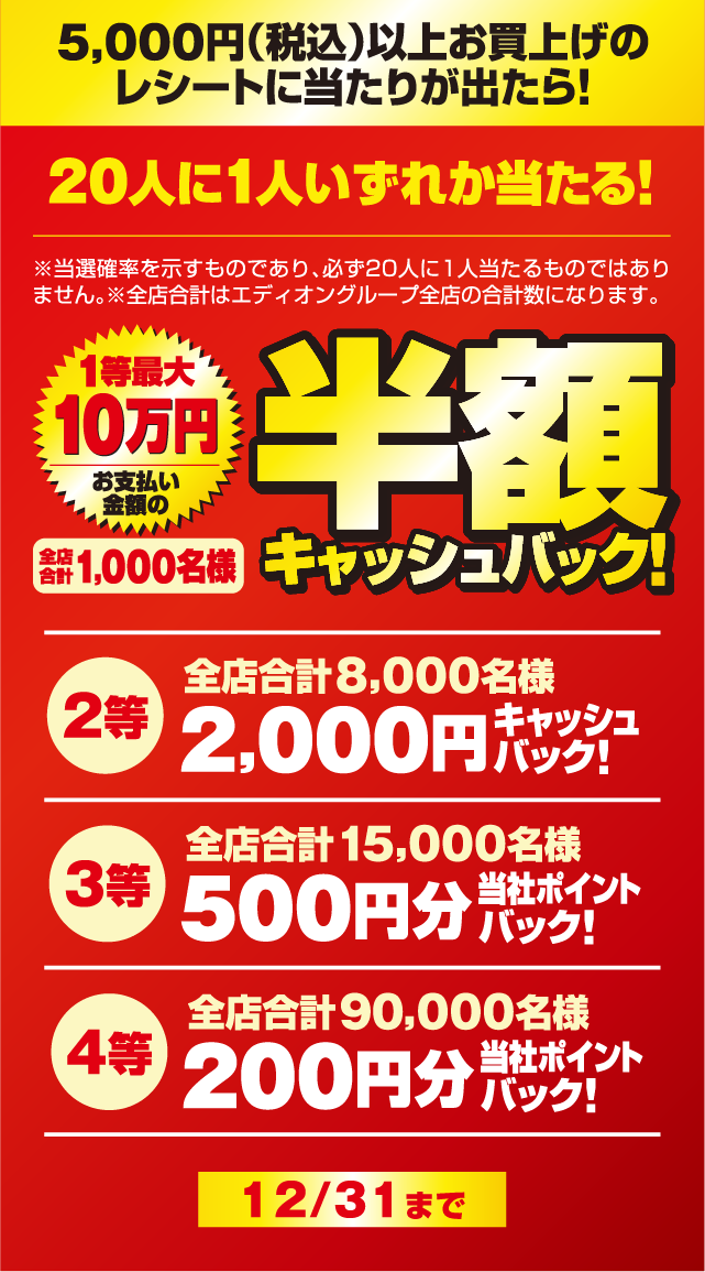半額キャッシュバック